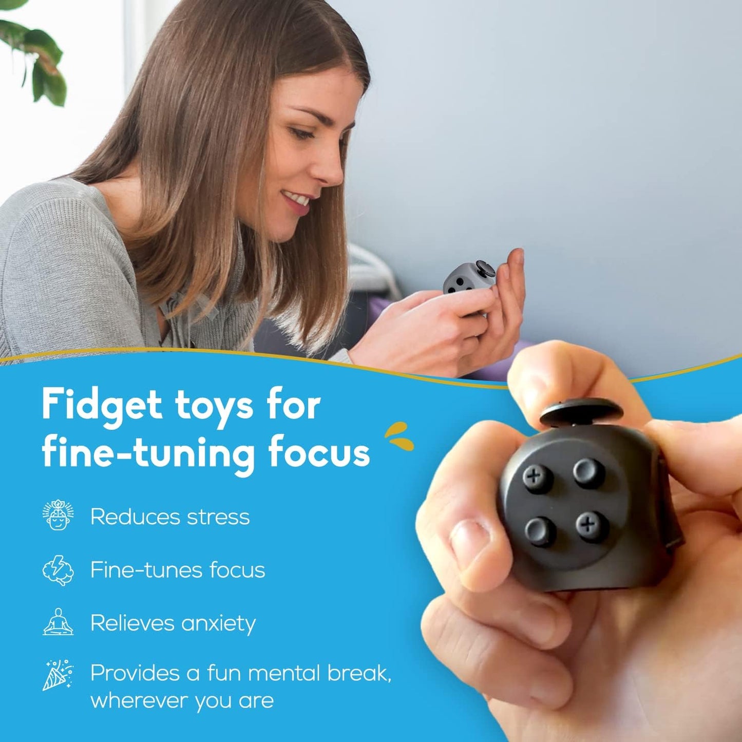 Fube Fidget Cube - 6 Sided Fidget Toys for Adults and Kids - Fidget Cube Toy for Stress Relief & Focus - Audible/Silent Fidget Cube for Kids, with Carry Case (Midnight)